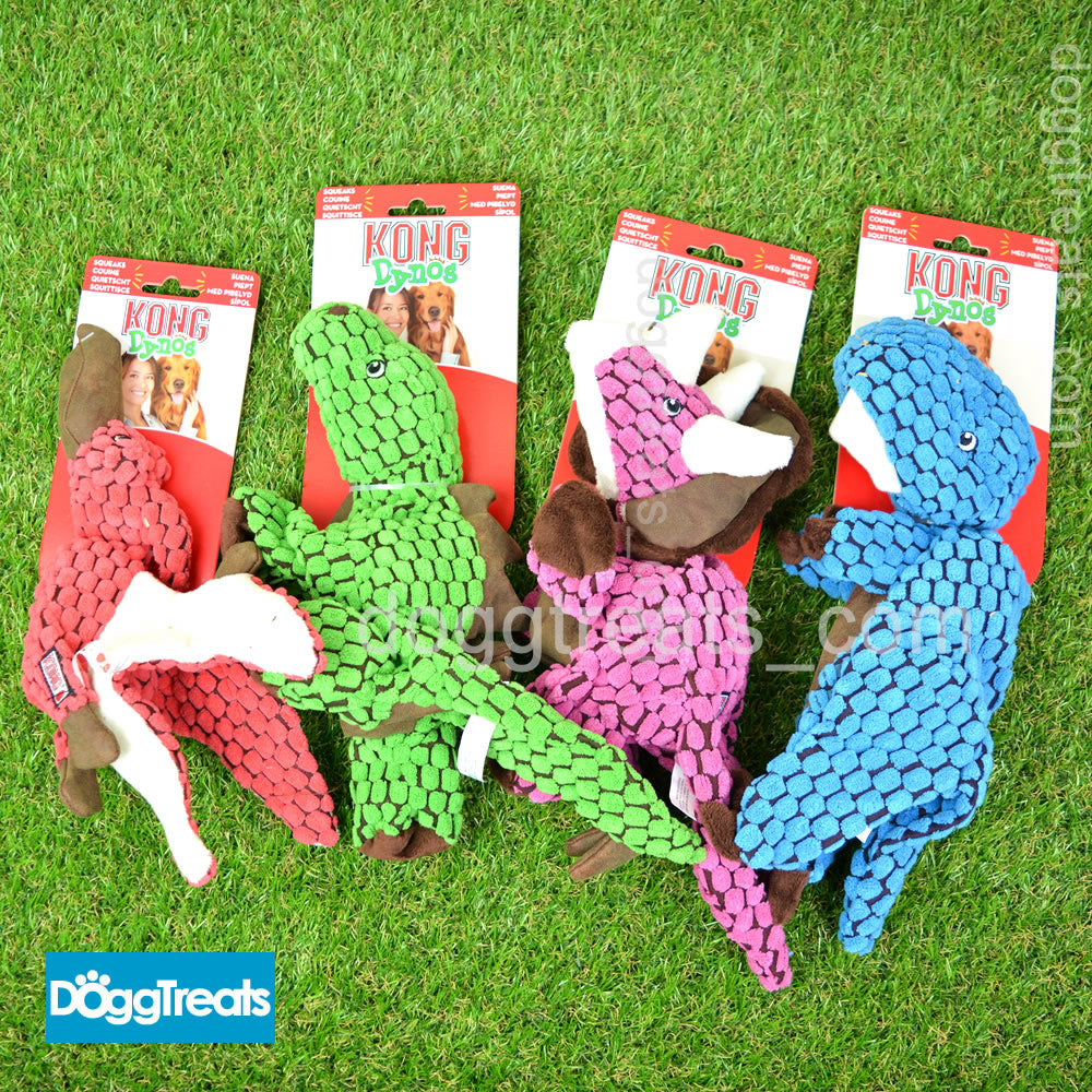 KONG Dynos Dog Toy Soft Plush Fabric with Leather Parts Squeaker Dinosaur