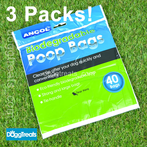 Ancol Dog Poop Bags - 3 Packs of 40 (120) - Bio Degradable - Large Strong - Tie Handle