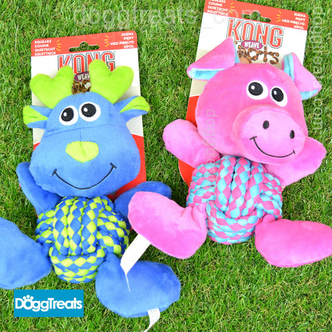 Kong Weave Knots Dog Toy - Pink Pig or Blue Moose - With Rope and Squeaky Squeaker